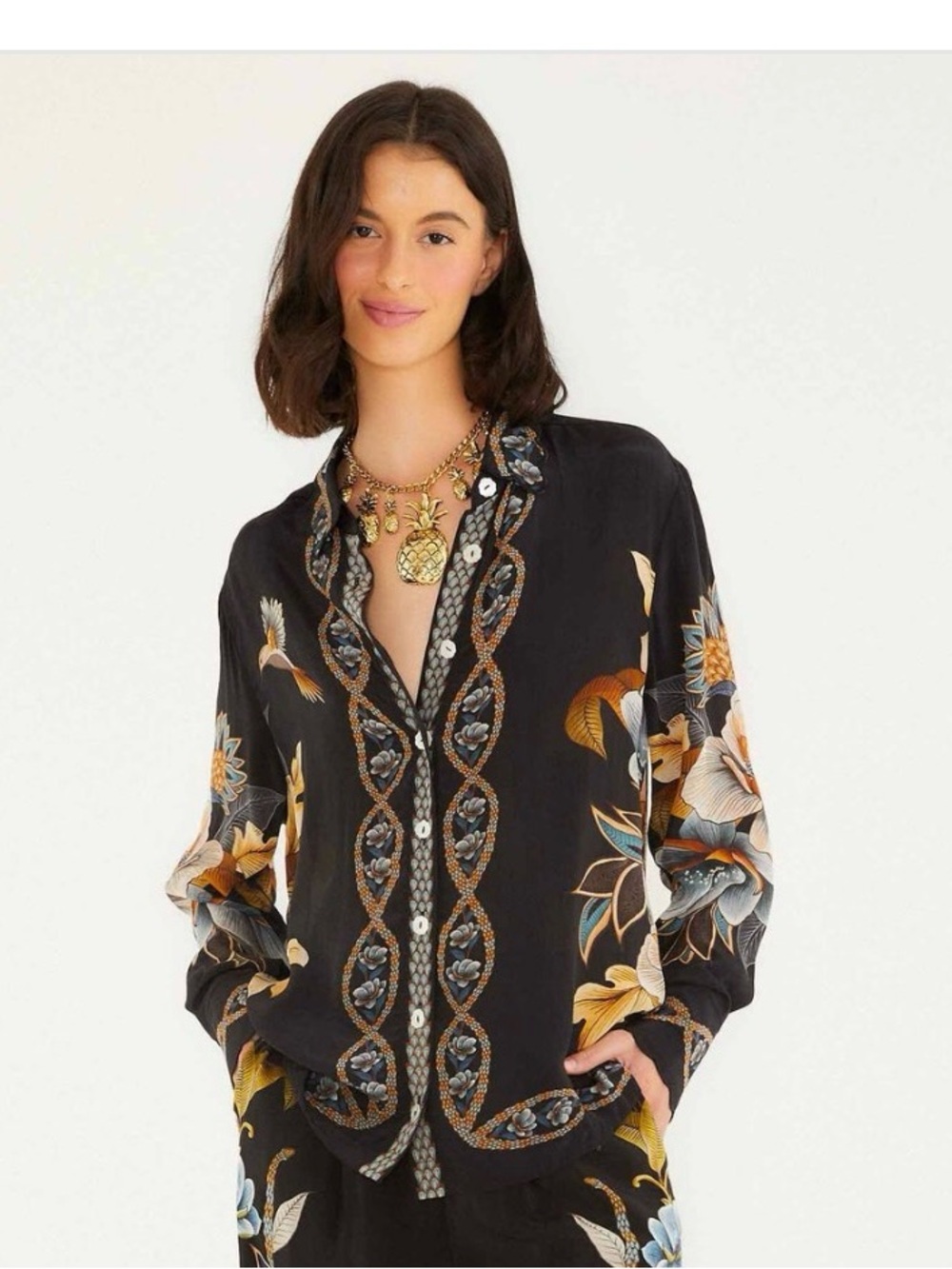 FARM Rio Black Floral button town top